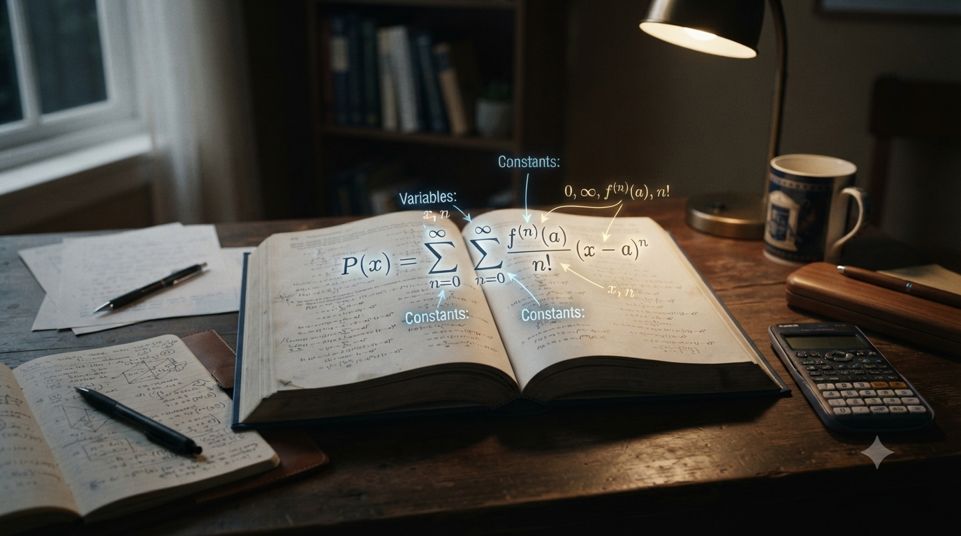 Understanding terms in mathematical formulas including variables constants coefficients and exponents