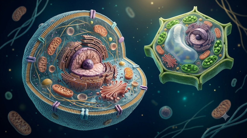 Realistic 3D illustration of an animal cell with a nucleus and organelles alongside a plant cell with chloroplasts and a cell wall.