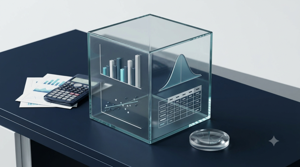 3D visualization of statistical charts, data analysis, and probability distributions representing the main branches of statistics.