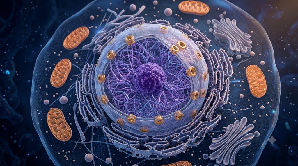Realistic 3D illustration of a cell nucleus containing chromatin and a nucleolus, surrounded by other cellular organelles.