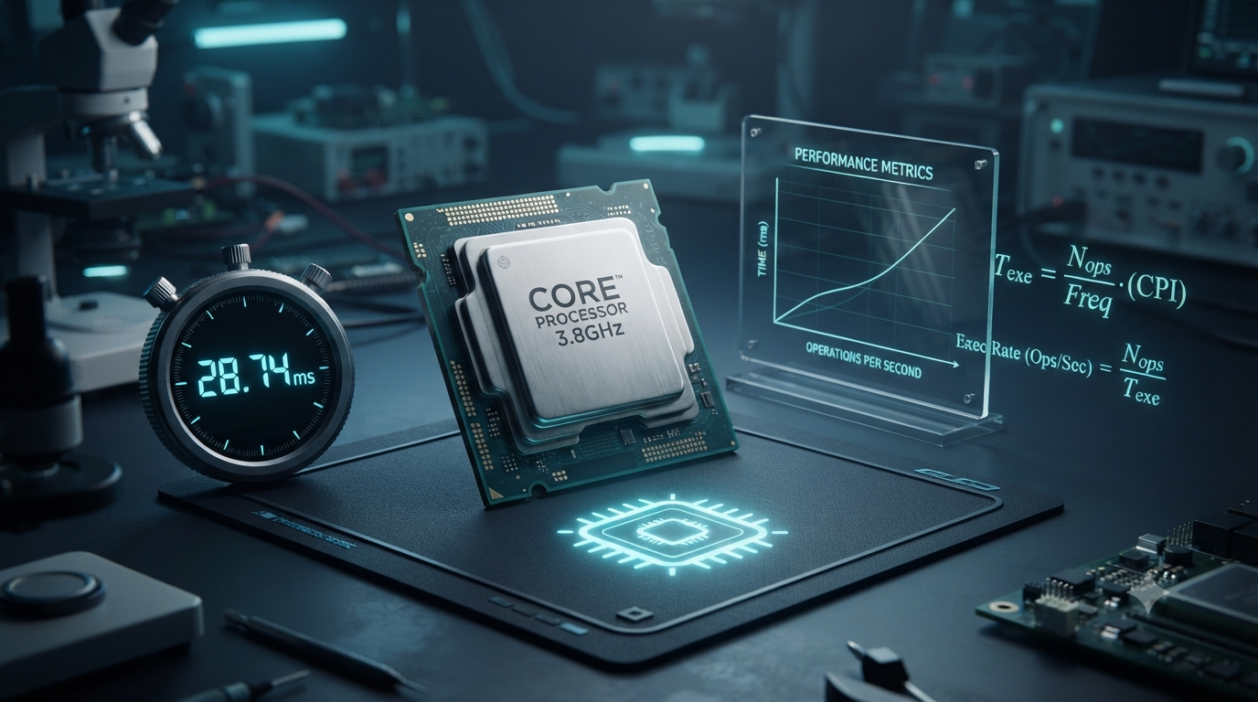 Realistic 3D illustration of a computer processor, digital stopwatch, and performance graph representing time measurement and execution rate formulas.