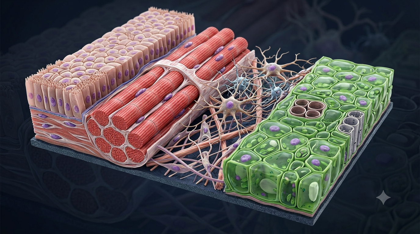 Realistic 3D illustration of animal and plant tissues showing epithelial cells, muscle fibers, nerve cells, connective tissue, and plant vascular cells.