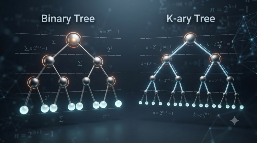 3D visualization of tree counting formulas with nodes, edges, leaves, and binary tree levels
