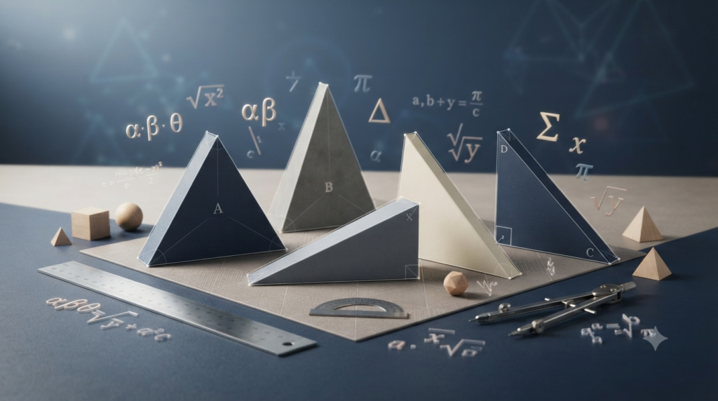 Realistic 3D illustration showing different triangles for learning basic triangle formulas