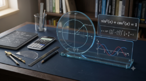 3D illustration of a trigonometric identity checker with a unit circle, sine and cosine curves, and the Pythagorean identity.