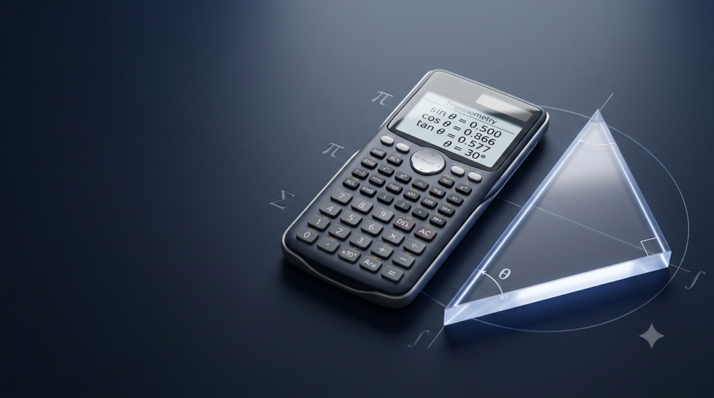 3D scientific calculator with trigonometric symbols and a right-angled triangle