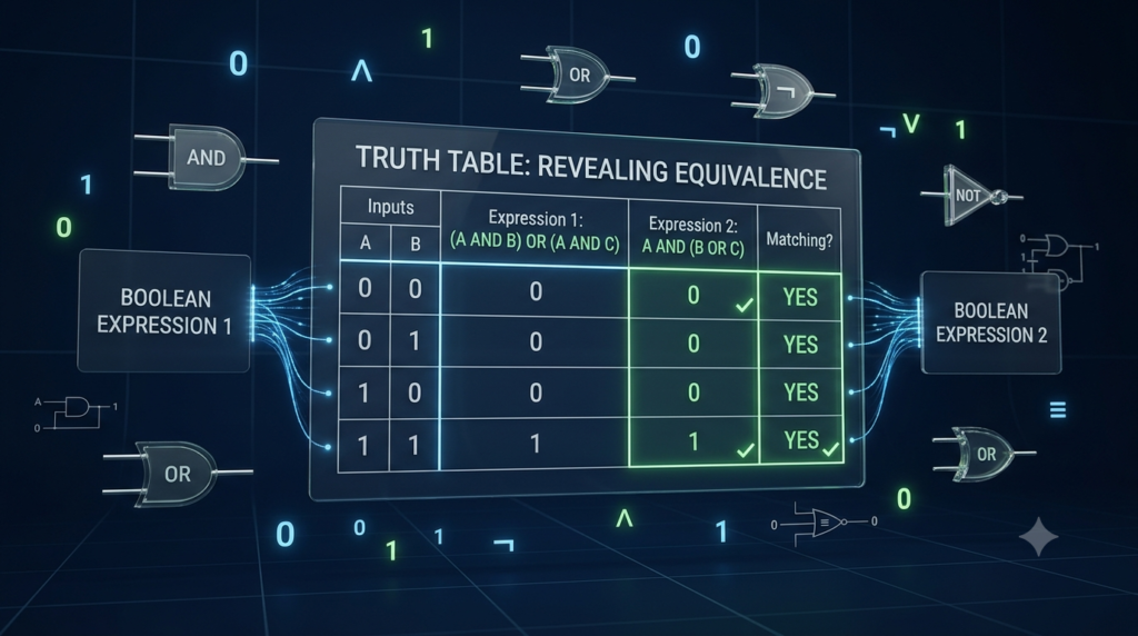 3D truth table comparing Boolean expressions to demonstrate logical equivalence using binary inputs and matching output columns.