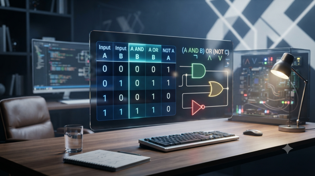 3D illustration of truth tables and Boolean expression evaluation with logic gates and binary values