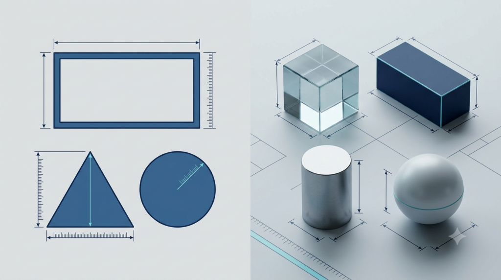 Two-dimensional geometric shapes and three-dimensional solids illustrating mathematical measurements.