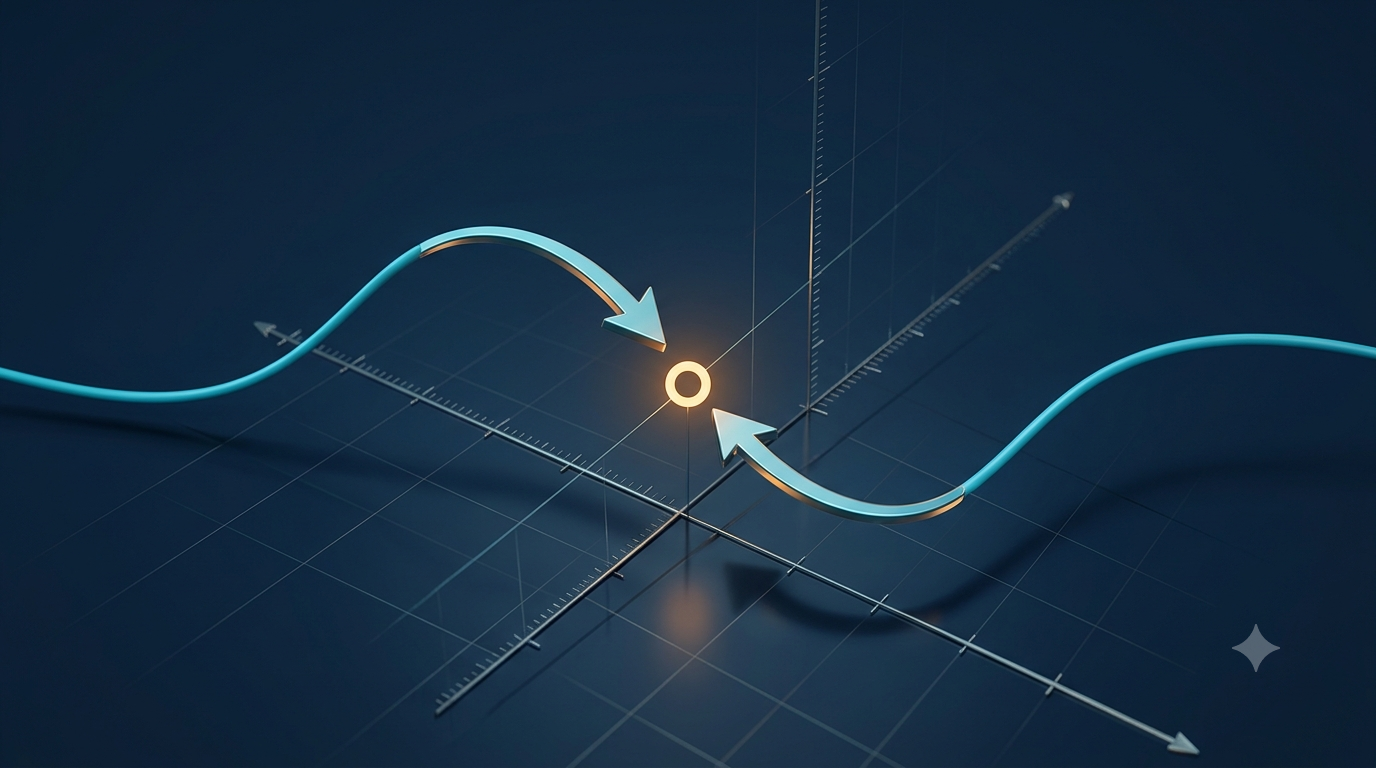 Realistic 3D graph illustrating a two-sided limit in calculus as a curve approaches a point from both directions.