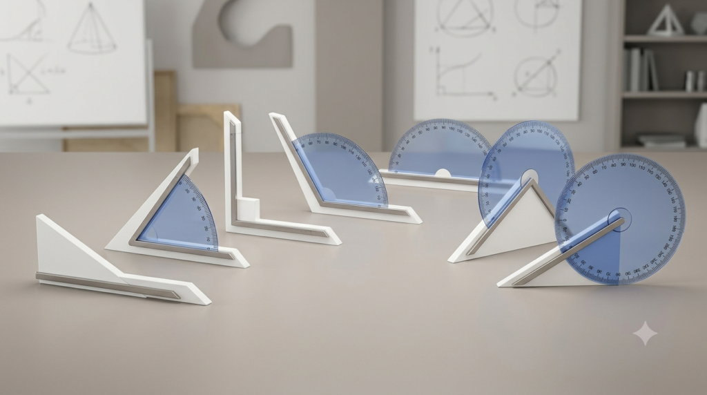 Realistic 3D geometry models illustrating acute, right, obtuse, straight, reflex, zero, and complete angles.