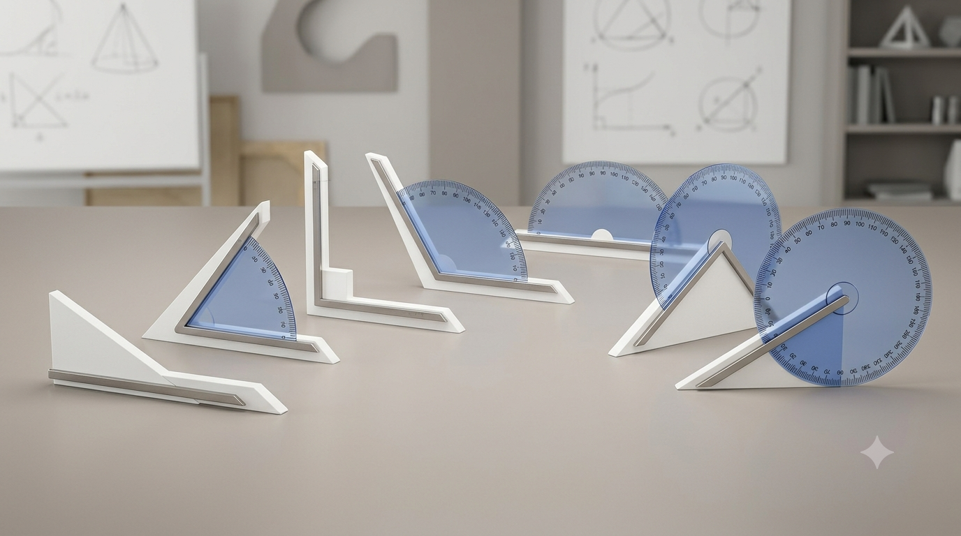 Realistic 3D geometry models illustrating acute, right, obtuse, straight, reflex, zero, and complete angles.