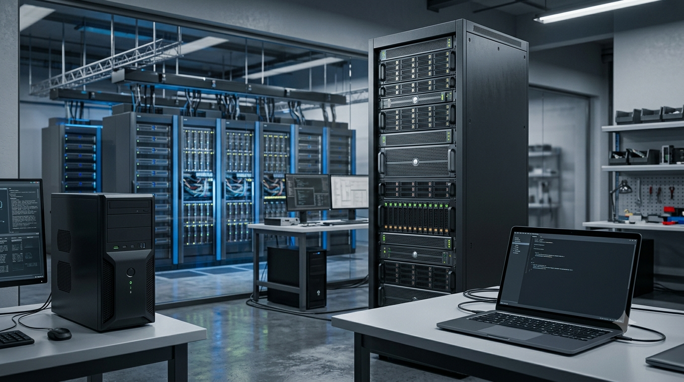 Different types of computers including a laptop, workstation, server rack, and supercomputer.