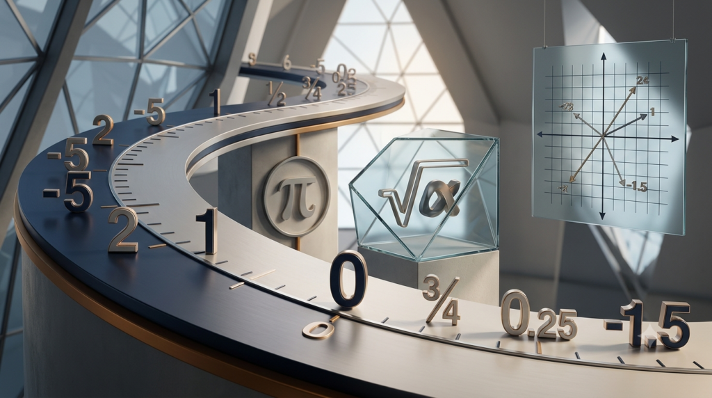 Realistic 3D illustration showing different types of numbers in mathematics, including integers, fractions, irrational numbers, and complex numbers.