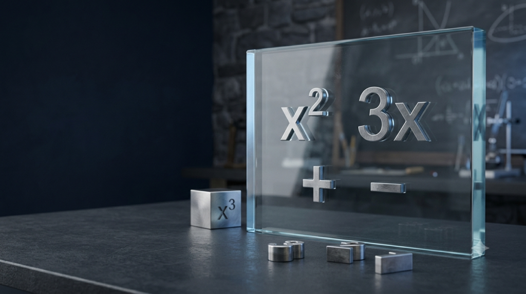 Realistic 3D mathematical symbols representing algebraic expressions, variables, coefficients, and constants.