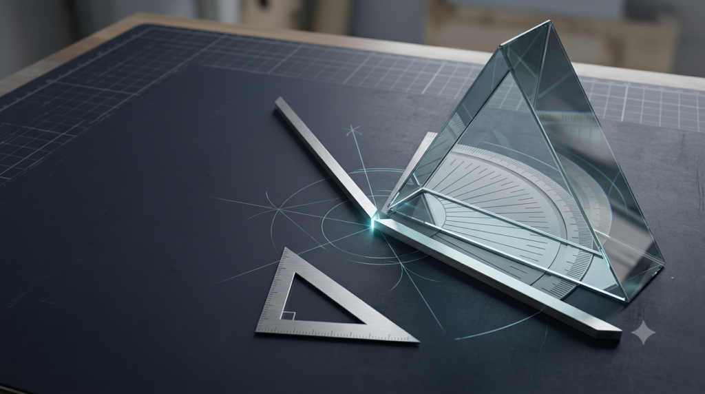 Realistic 3D illustration of geometric angles and a triangular structure for learning trigonometry