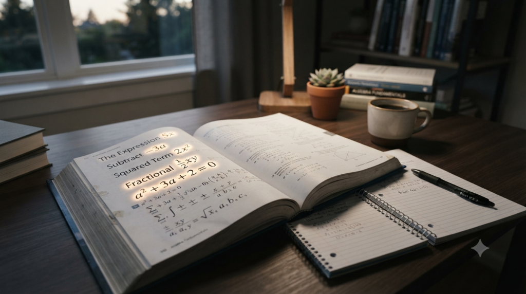 Mathematical expressions showing coefficients, variables, and algebraic formulas