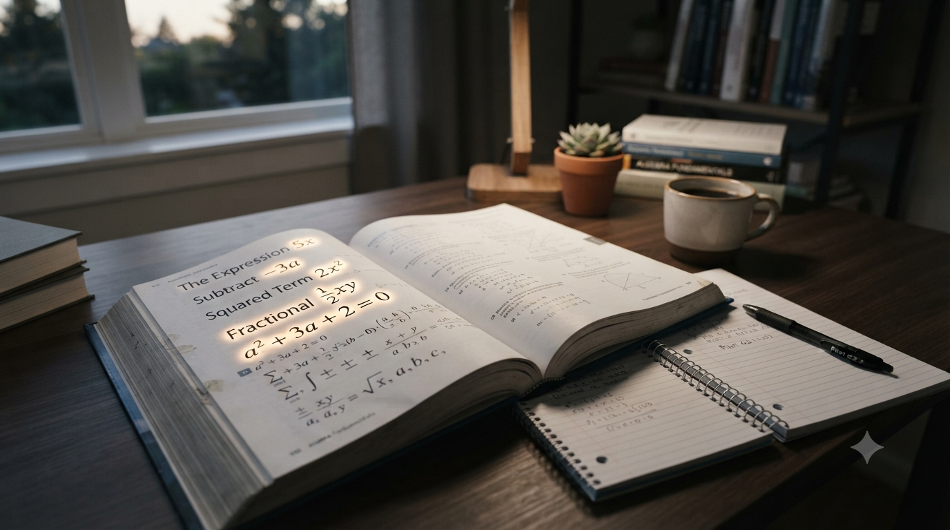 Mathematical expressions showing coefficients, variables, and algebraic formulas
