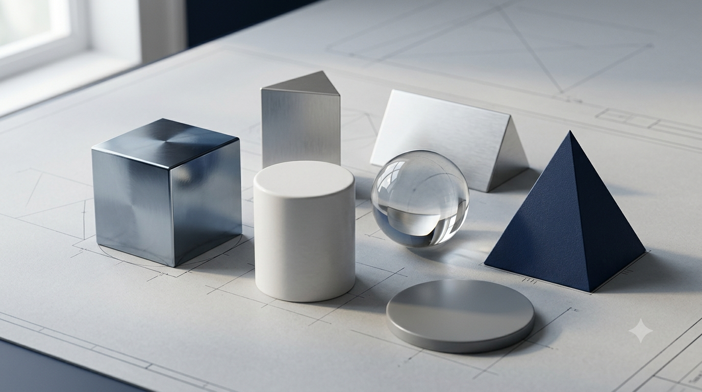 Realistic 3D geometric shapes including a cube, sphere, cylinder, pyramid, and triangular prism.