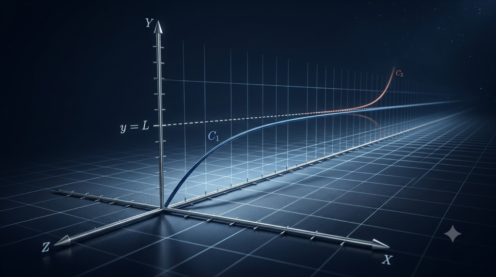 Realistic 3D graph illustrating limits at infinity and a horizontal asymptote in calculus.