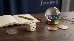 Realistic 3D illustration of a coin, dice, and coloured balls representing sample spaces in probability.