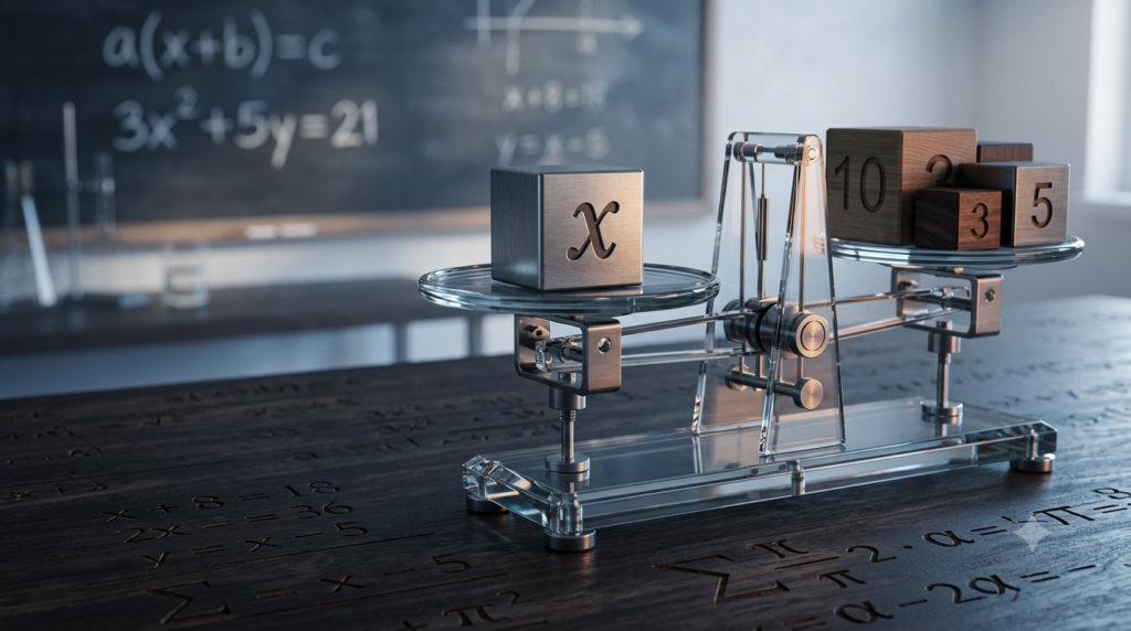 Realistic 3D balance scale representing algebra variables and mathematical equations.