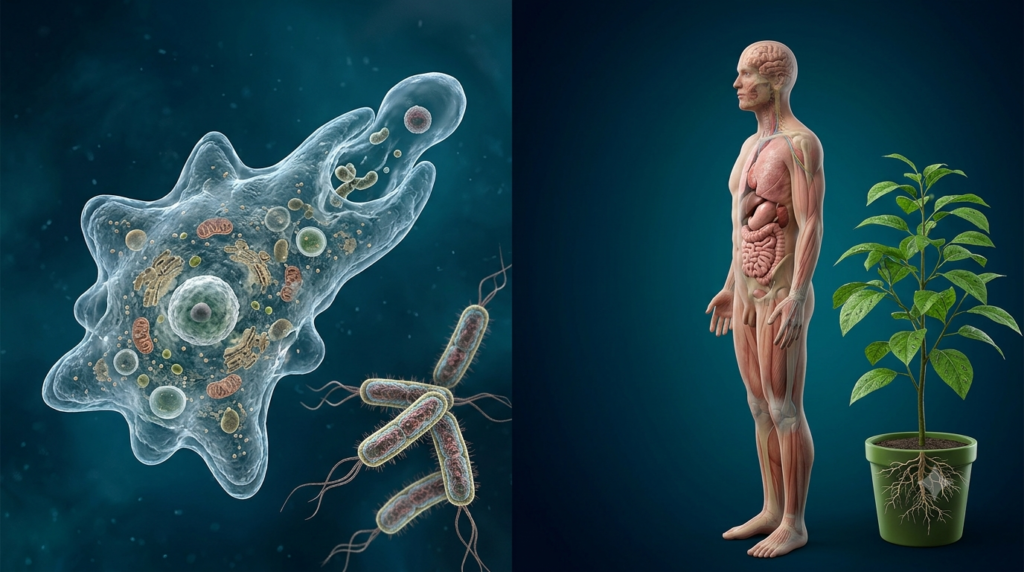 3D comparison of a unicellular Amoeba and bacteria with multicellular human and plant organisms.