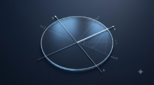 3D illustration of a unit circle with coordinate axes and a highlighted radius for trigonometry calculations