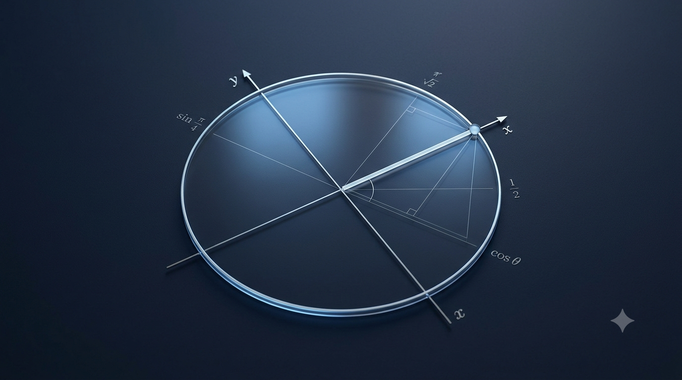 3D illustration of a unit circle with coordinate axes and a highlighted radius for trigonometry calculations