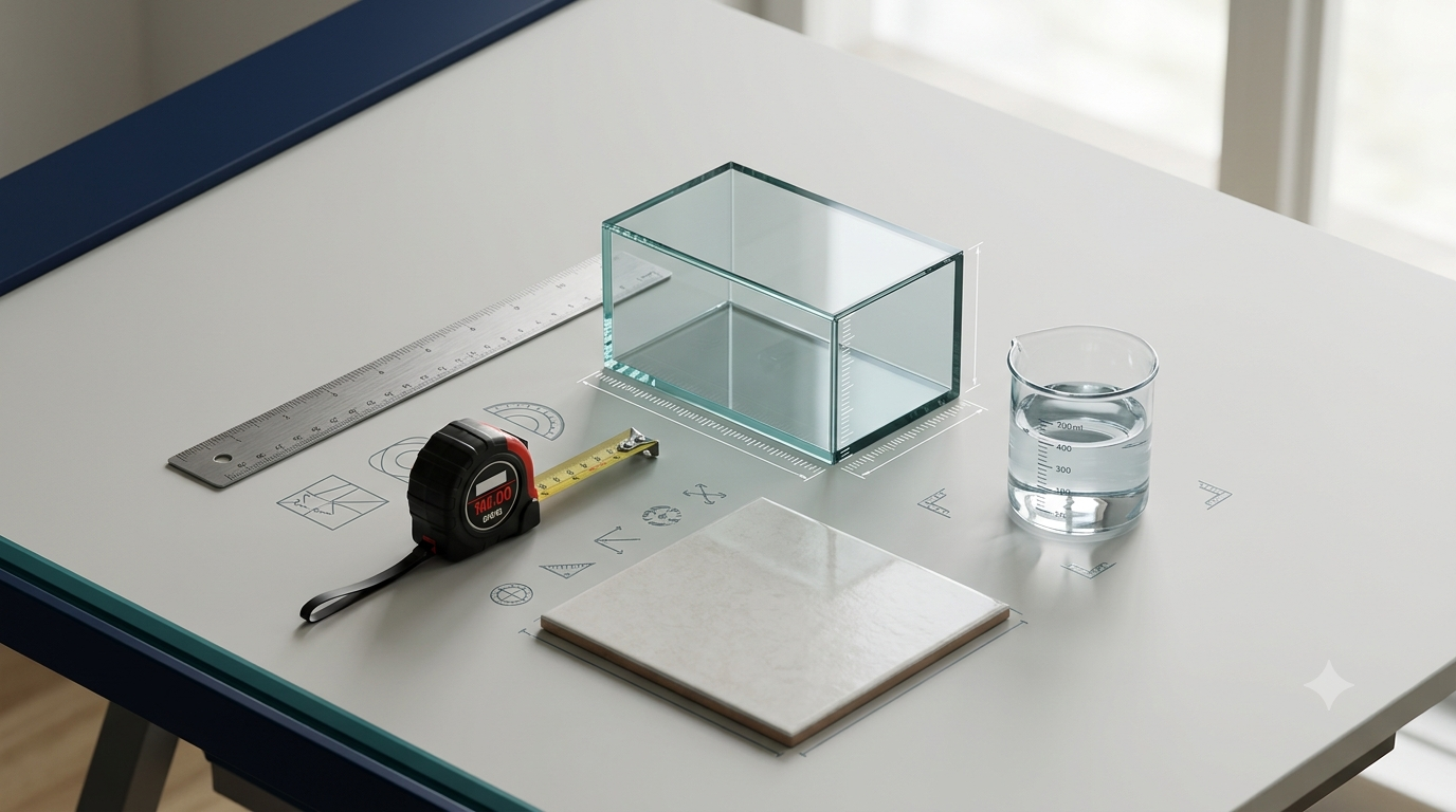 3D illustration of a measuring ruler, geometric box, floor tile, and graduated container representing units of measurement in mensuration.