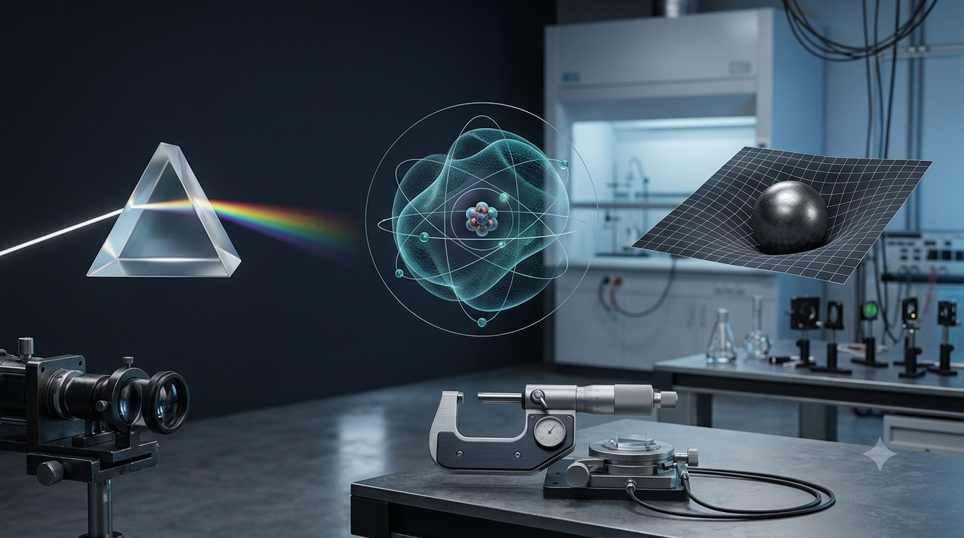 Realistic 3D visualization of light, atomic structure, and gravity representing universal constants in physics.