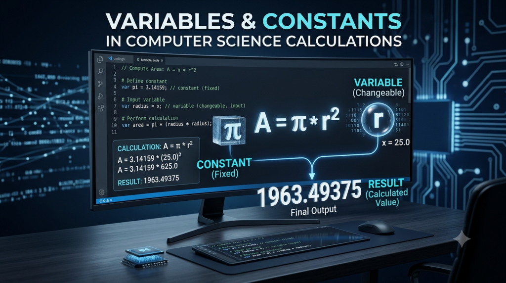 Realistic 3D illustration of variables and constants used in computer science calculations on a computer screen.