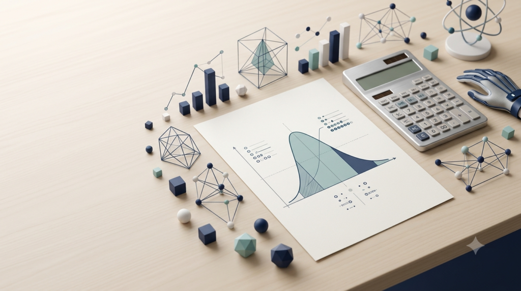 3D illustration of a calculator and statistical data distribution for calculating variance