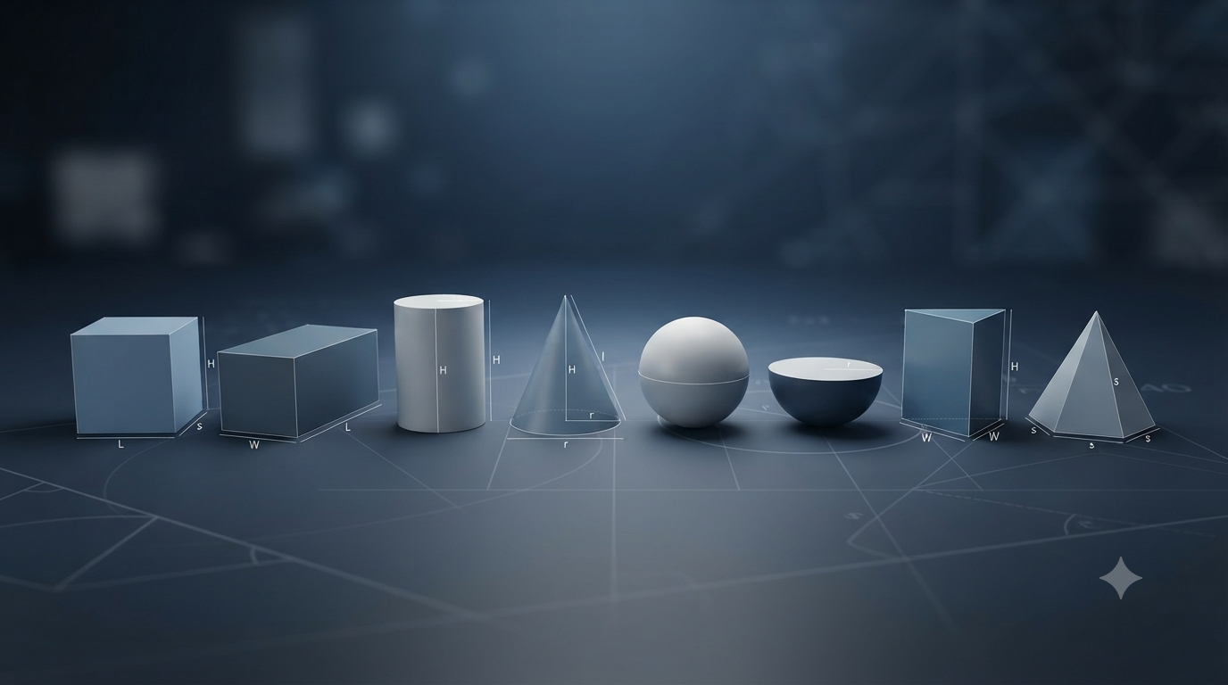 Realistic 3D geometric shapes representing volume formulas