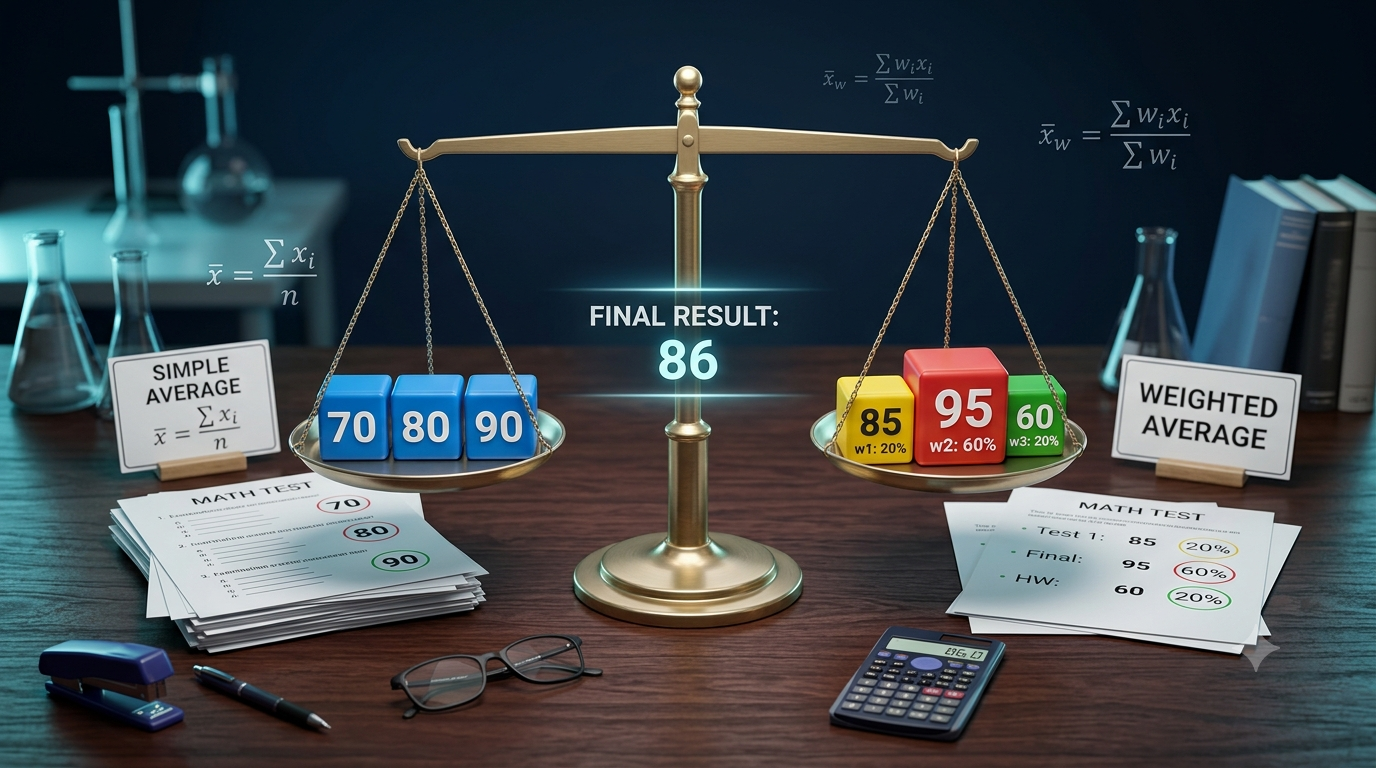 3D educational illustration comparing weighted average and simple average using mathematical values, weights, and a balance scale.