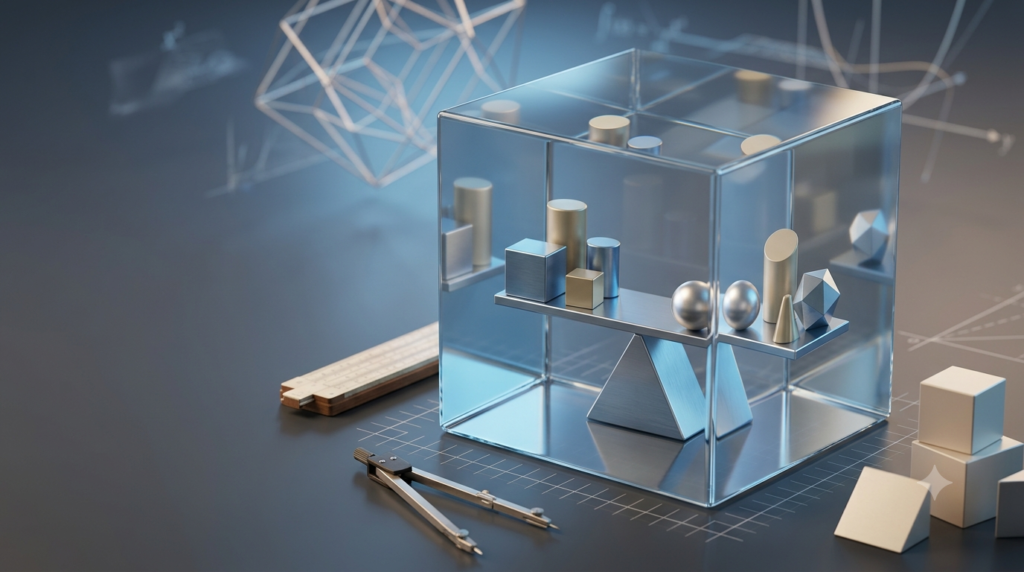 Realistic 3D mathematical objects representing algebra and its importance in mathematics.