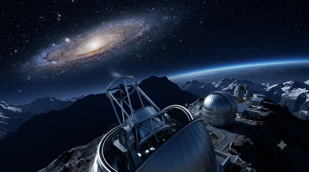 Realistic 3D render of an astronomical observatory and telescope beneath a spiral galaxy in the night sky.