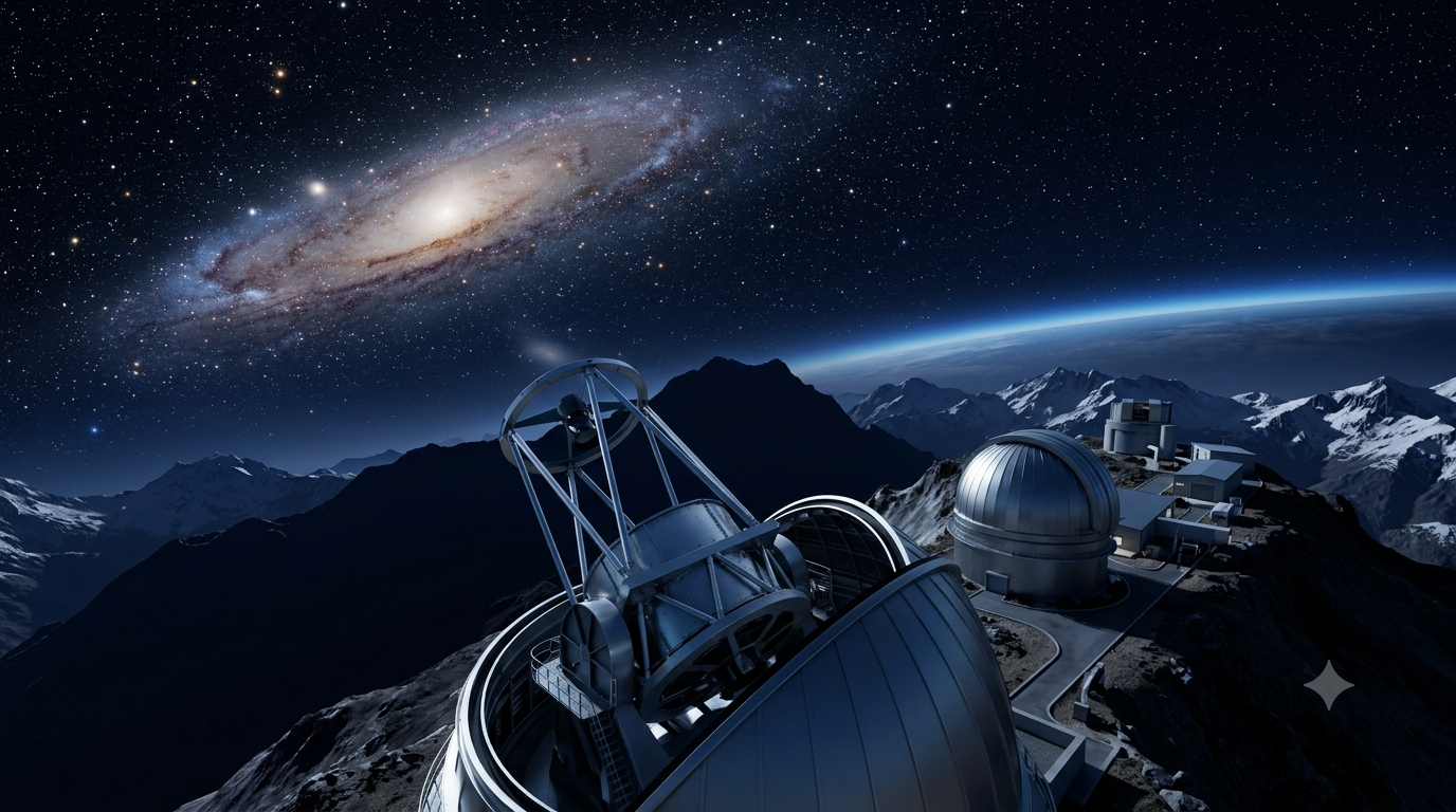 Realistic 3D render of an astronomical observatory and telescope beneath a spiral galaxy in the night sky.