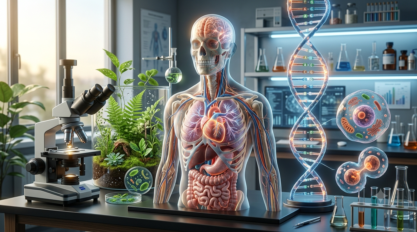 Realistic 3D illustration of human anatomy, DNA, plant life, and cells representing biology and its importance in everyday life.