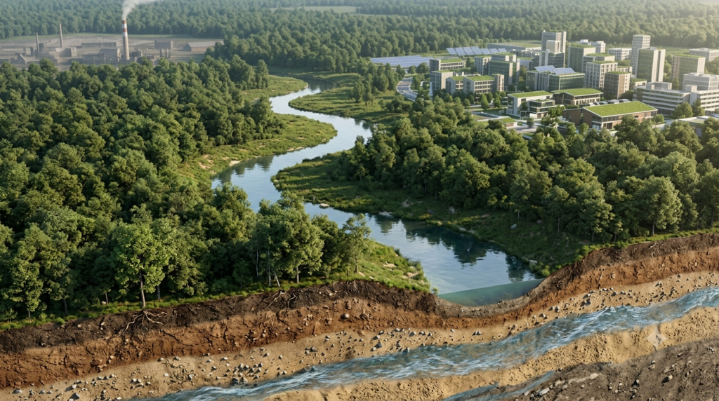 Environmental science landscape showing a river, green forest, soil layers, groundwater, and a sustainable city.
