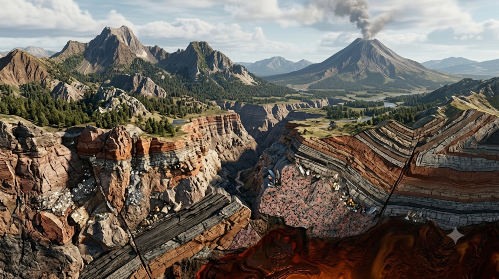Realistic 3D illustration of Earth's geological layers, rock formations, minerals, mountains, and volcanic activity.
