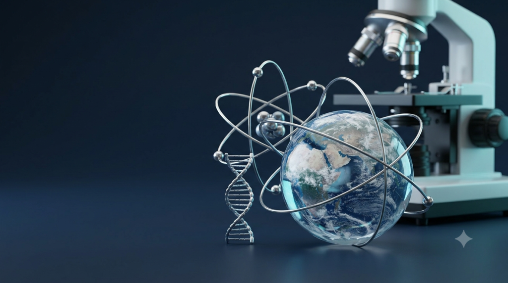Realistic 3D illustration of Earth, an atom model, DNA, and a microscope representing basic science concepts.