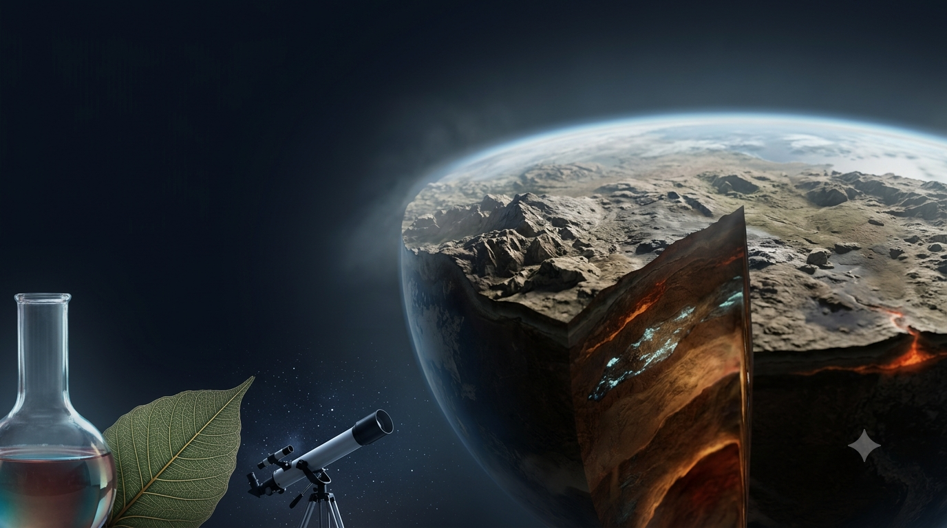 Realistic 3D science illustration featuring Earth, geological layers, laboratory equipment, a plant leaf, and a telescope.