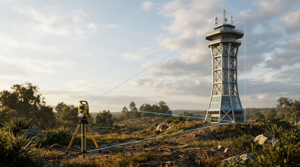 3D illustration of a surveying instrument measuring the angle and height of a tall tower using trigonometry.