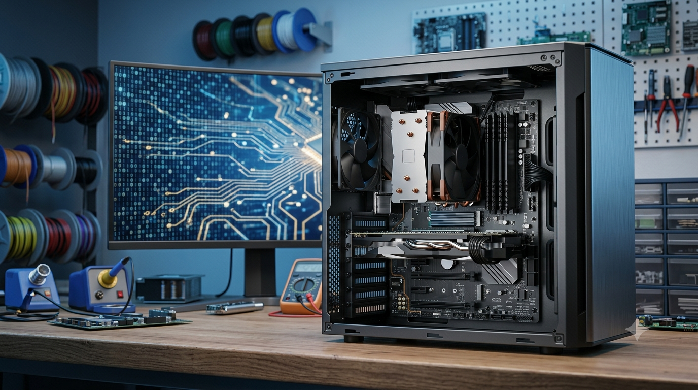 Realistic 3D render of a desktop computer with visible internal components including the CPU, RAM, motherboard, and graphics card.