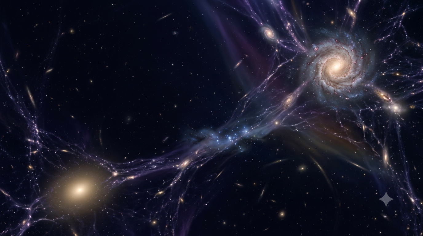 Realistic 3D visualization of cosmic matter, galaxies, glowing gas, and dark space representing the universe's composition.
