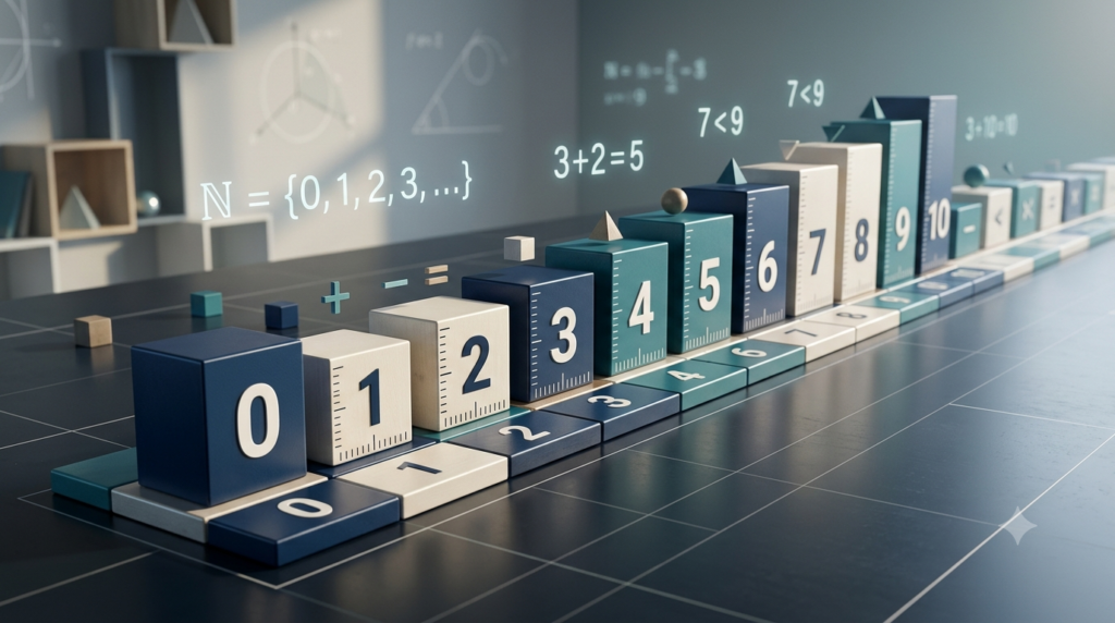 Realistic 3D number line illustrating whole numbers from zero to positive integers.