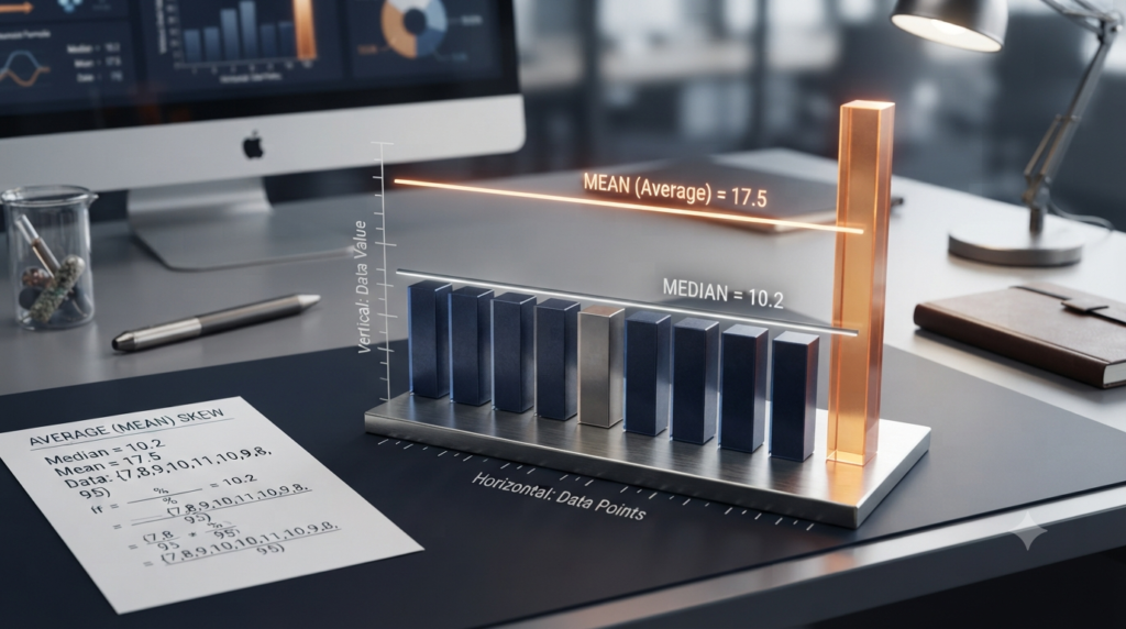 Realistic 3D bar chart showing an extreme value pulling the average above most data points.