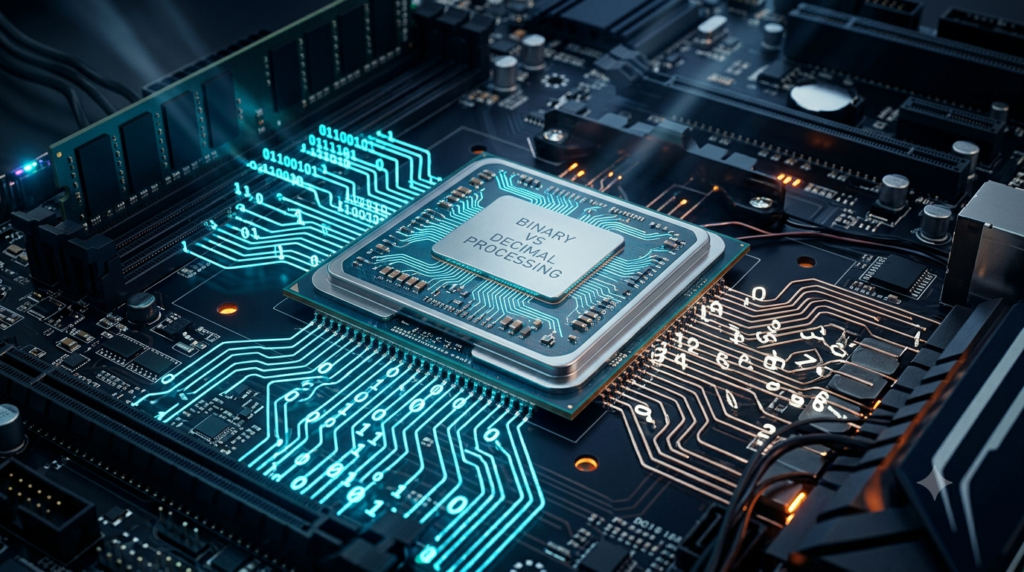 Realistic 3D computer processor with glowing binary digits and electronic circuits illustrating binary computing.