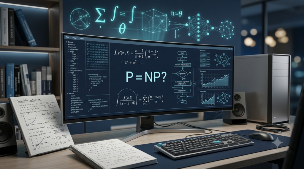 Computer screen displaying mathematical formulas, programming logic, algorithms, binary code, and data graphs.